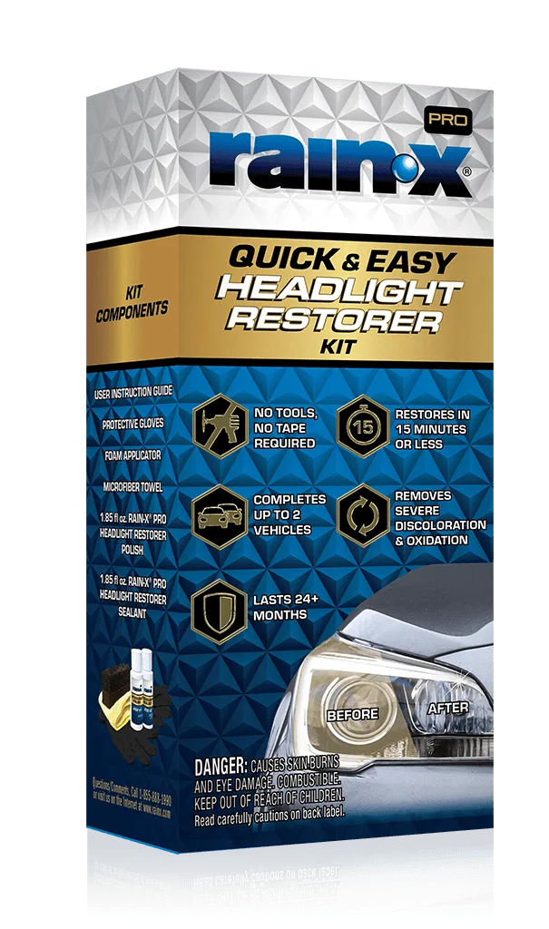 610200 – RAIN X Headlight Restoration Kit, With 1.85 Ounces Polish/ 1.85 Ounces Sealant/ Foam Applicator/ Microfiber ...
